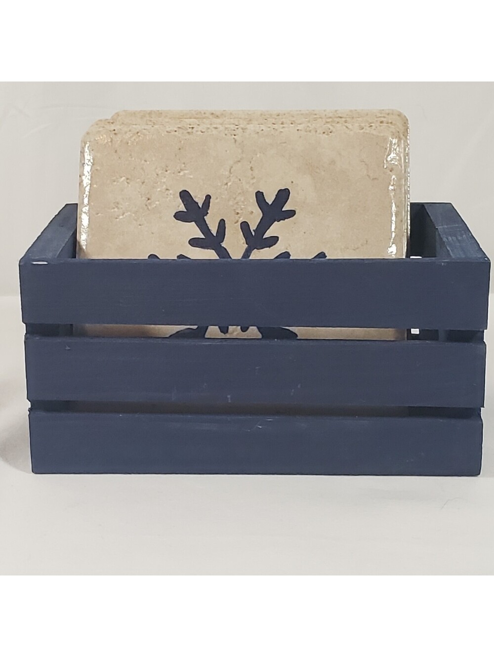 Stone Tile Coasters Snowflake Set Navy Blue Wood Holder Winter Decor